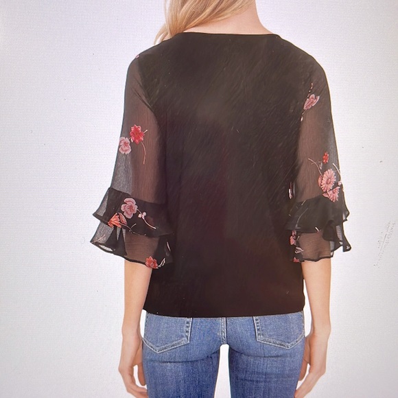 CECE Woman’s Floral Ruffled Sheer Sleeve Knit Blouse with Round Neckline - Picture 5 of 8